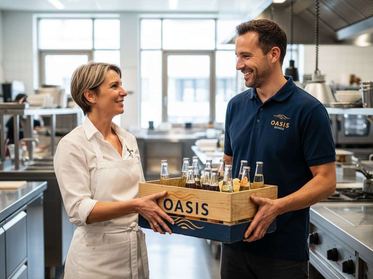 Livreur Oasis Drink remettant des boissons à un restaurateur